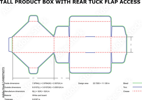 Tall Product Box Design Rear Tuck Flap Access DieCut Template