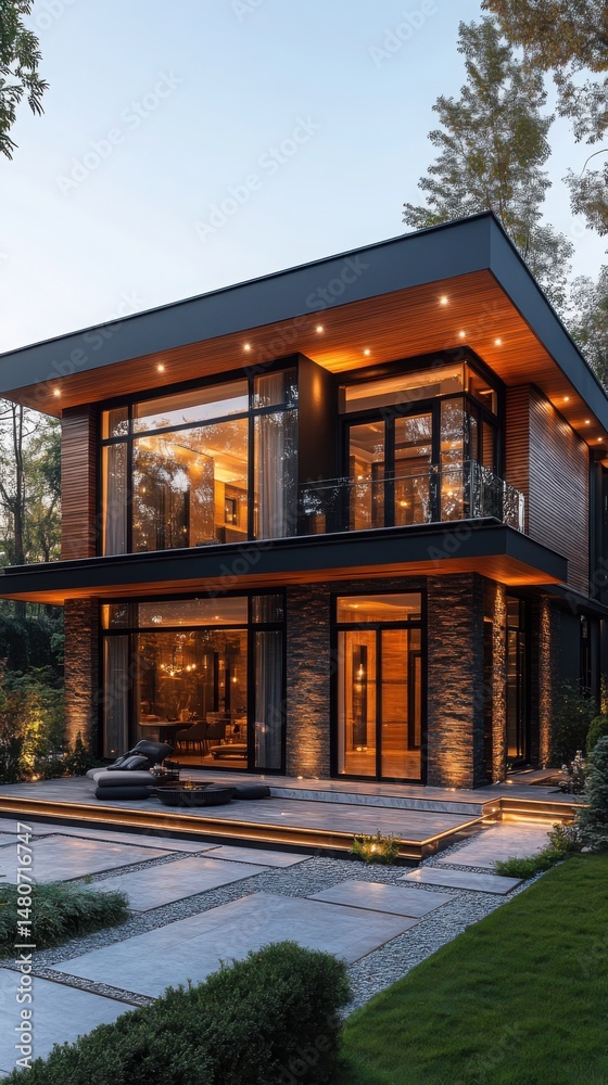 Fototapeta premium Modern Luxury Two Story Home Exterior at Dusk Illuminated Stone Facade Large Windows