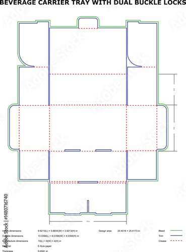 Beverage Carrier Tray Design Dual Buckle Locks, Die Cut Template