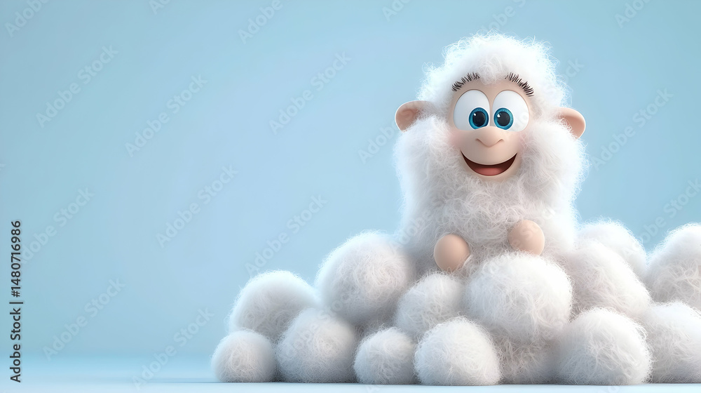 Joyful Cartoon Sheep Amidst Fluffy White Balls