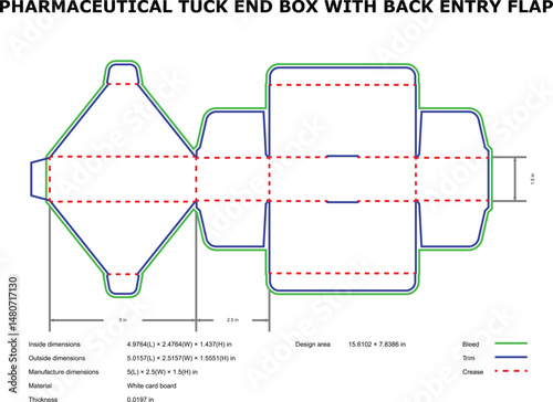 Pharmaceutical Tuck End Box Design Back Entry Flap, Dimensions, Template