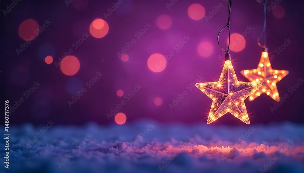 Fototapeta premium christmas stars hanging lights with a wire illumination glitter Illumination and snow blurred purple background for new year and christmas season created with generative ai