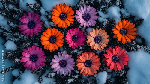 Aerial shot of vibrant wildflower patch symmetrical patterns flowers arrangement natural symmetry enhanced early morning or late afternoon light a polarizing filter emphasizing the colors and textures
