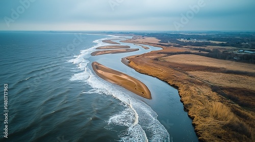 Stunning drone shot of river delta capturing complex pattern of water channel they fan out high resolution camera wide angle lens provide clarity while circular polarizer increase contrast definition