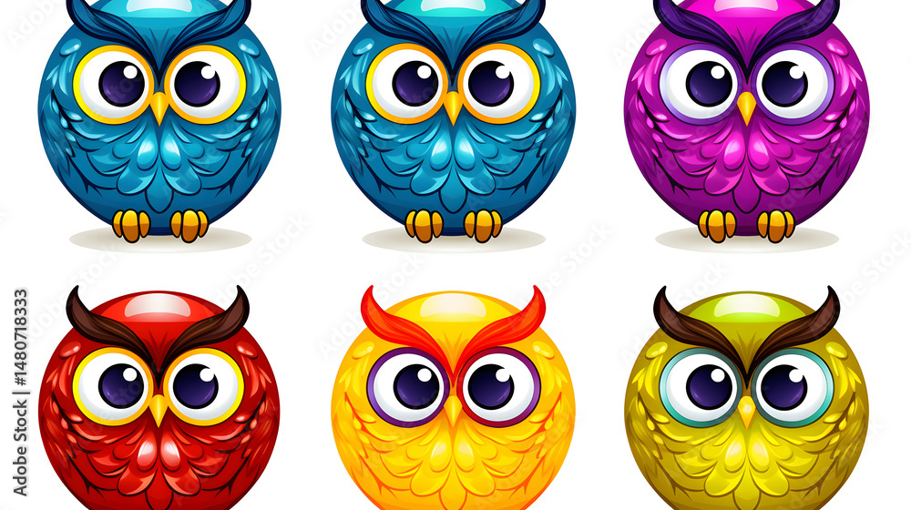 Fototapeta premium Collection of Whimsical Cartoon Owls Arranged in Oval Shapes for Creative Design Projects