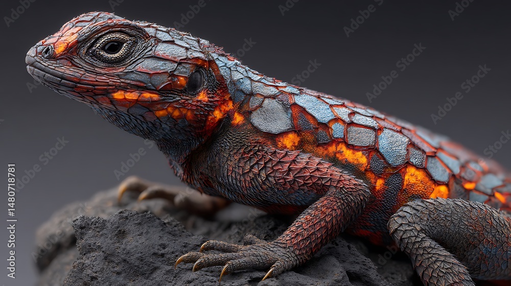 Obraz premium Reptilian beauty, scaled red, black, blue hues