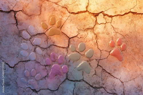 Colorful paw prints on cracked earth, creating a surreal, abstract scene with a warm, inviting color palette.