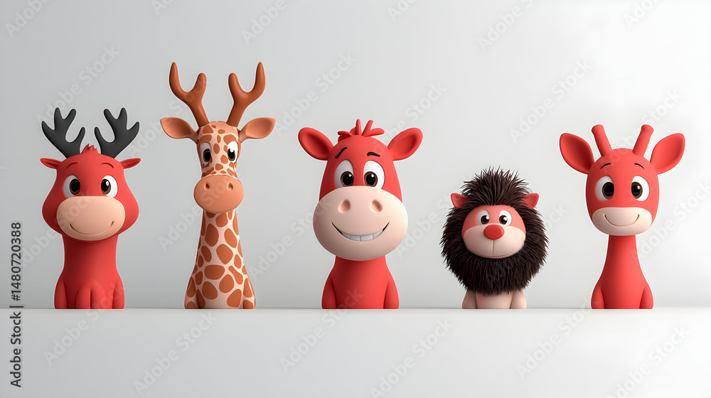 Fototapeta premium Five Cute Red Cartoon Animals on White Background