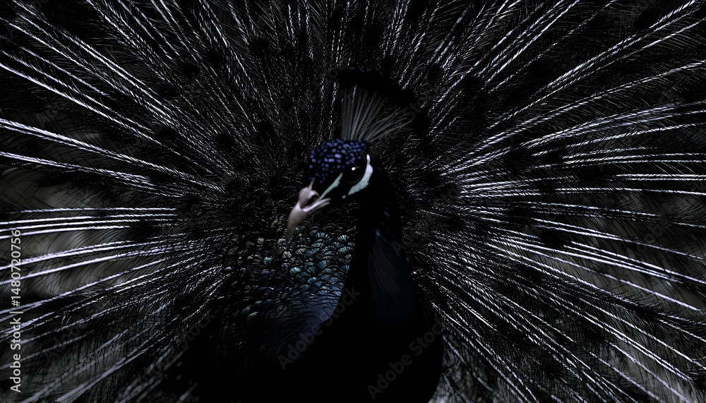 Obraz premium Majestic dark-plumaged bird displays its iridescent tail feathers in a captivating close-up. The intricate detail of each feather is striking