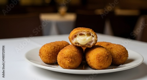 Croquetas de Jamón ham croquettes with béchamel center on a restaurant table