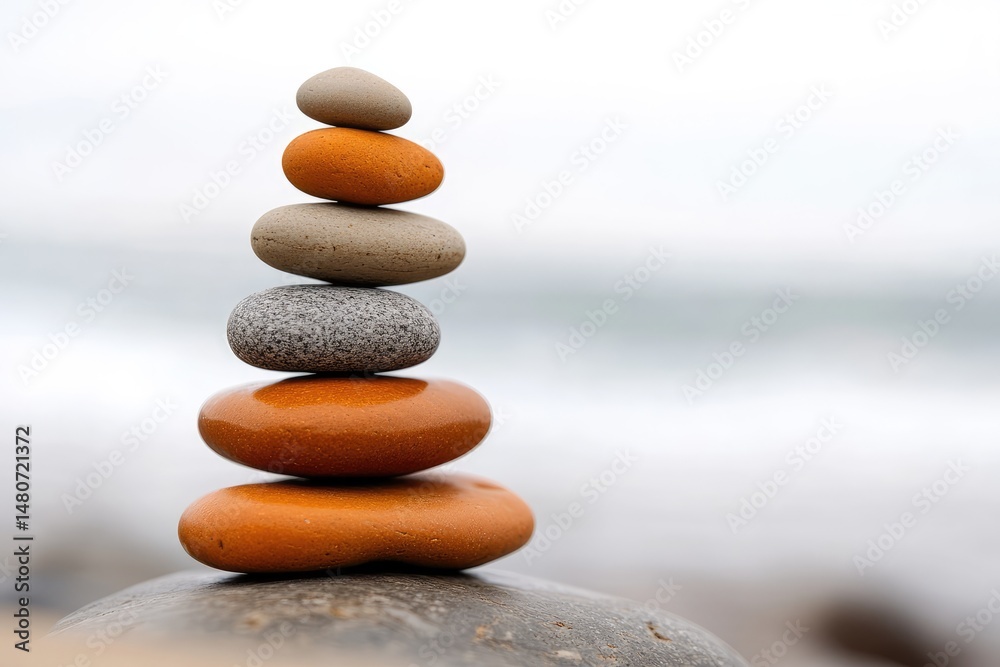 Balanced stack of colorful, smooth stones on a beach, serene and calming composition against an overcast sky. Balanced stack of colorful, smooth stones on a beach, serene and calming composition against an overcast sky.