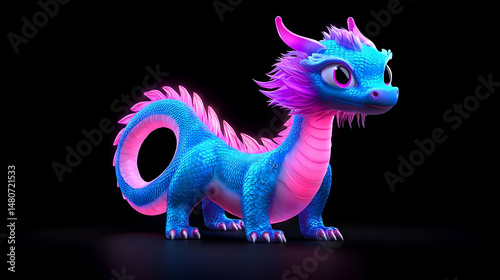Cute Blue And Pink Baby Dragon Digital Illustration