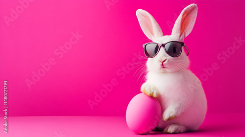Cute Easter Bunny Wearing Sunglasses with Pink Egg – Fun Holiday Background