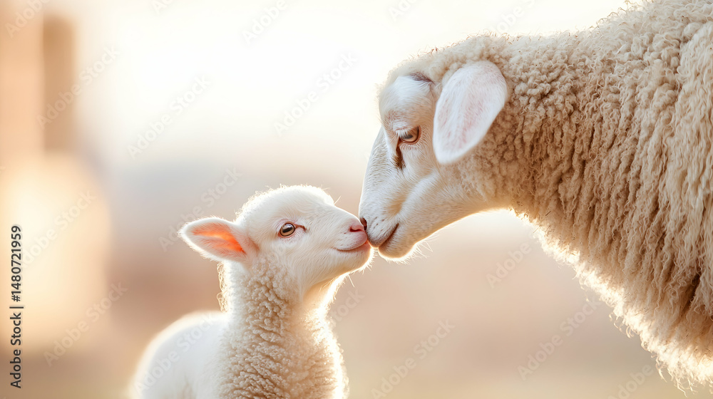 Obraz premium Ewe and Lamb Nuzzling in Golden Sunset Light