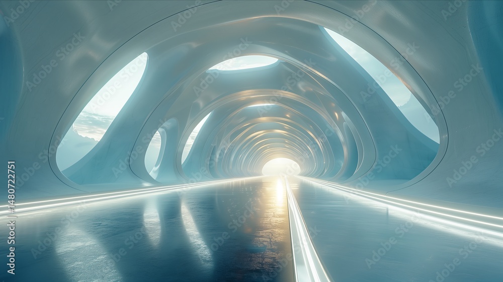 Futuristic interior design showcasing a sleek, illuminated passage with soft curves and a bright end point. Futuristic interior design showcasing a sleek, illuminated passage with soft curves and a bright end point.