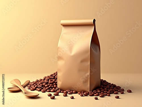 Ultra-Realistic Kraft Paper Coffee Bag Mockup with Wooden Spoons and Roasted Beans – High-Resolution Warm Rustic Scene