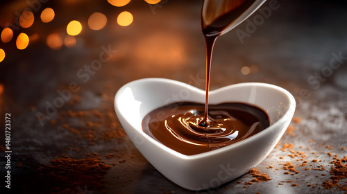 Rich Chocolate Sauce Pouring - Heart-Shaped Bowl Dessert