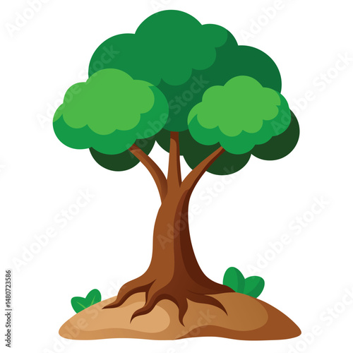A cartoon oak tree with green leaves and brown trunk stands peacefully alone
