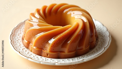 Golden Caramel Glazed Bundt Cake on White Ceramic Plate – Warm, Elegant Dessert Presentation