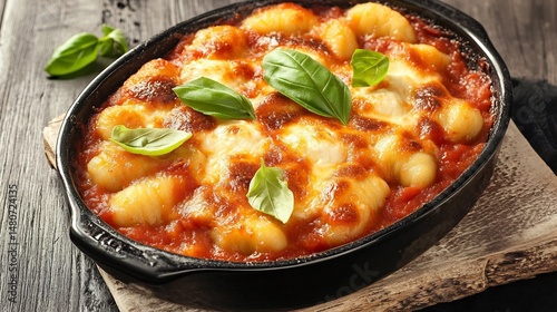 Regular view of Gnocchi alla Sorrentina soft potato gnocchi baked mozzarella tomato sauce garnished basil served black ceramic dish Italian comfort food Sorrento Italy 