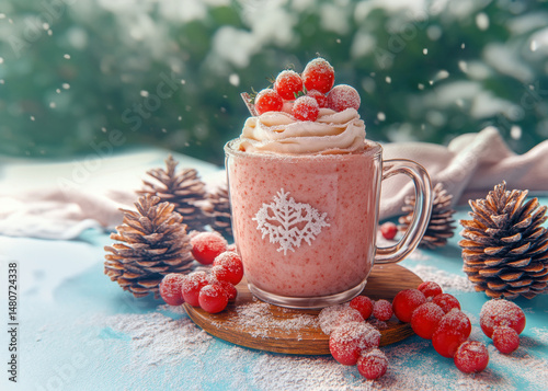 Cup aromatic hot drink cocoa coffee chocolate with marshmallows cream and berries, Christmas background, surrounded cocoa beans, cinnamon. Place text, greeting card, banner, holiday, romance
