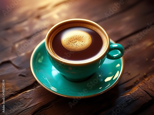 Photorealistic Espresso Shot in Teal Cup on Rustic Wooden Surface – Warm, Vintage Morning Mood