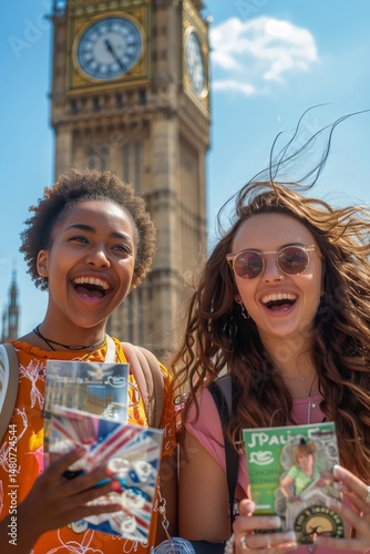 Wallpaper Mural Two joyful friends explore London with guidebooks in front of Big Ben, celebrating their travel adventure together. Torontodigital.ca