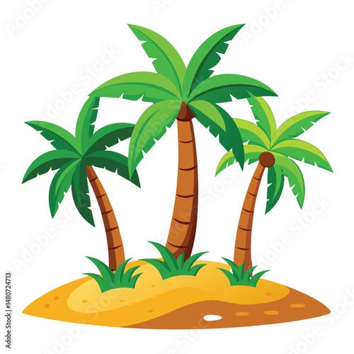 Cartoon island landscape featuring vibrant green palm trees on a sandy atoll