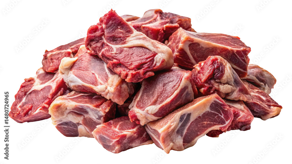 Obraz premium Fresh raw beef meat cubes for cooking stew, goulash, or other meat dishes, protein rich food on transparent background