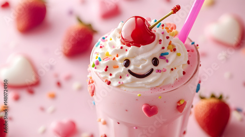 Smiling Pink Strawberry Milkshake with Cherry - Cute Dessert