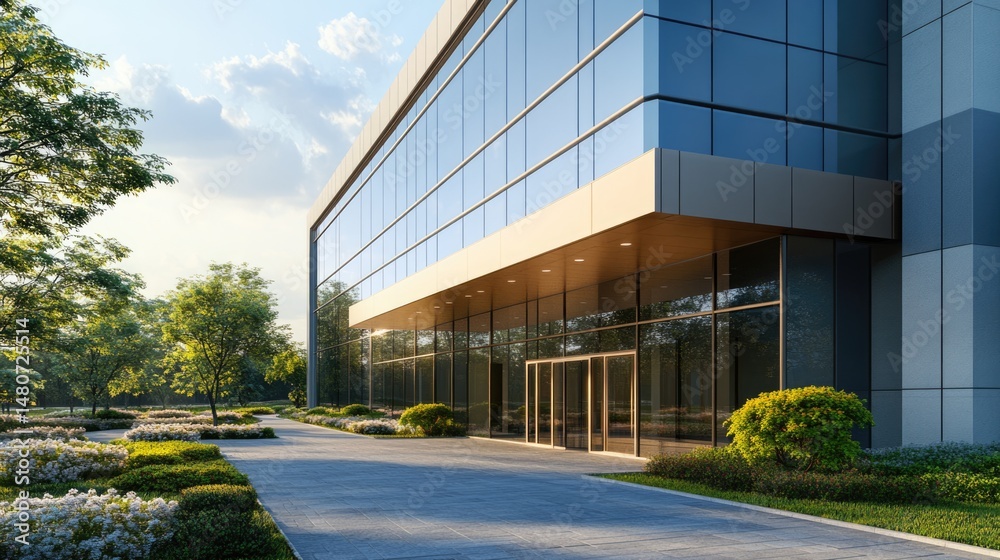 Obraz premium Modern Glass Office Building Entrance with Landscaping at Sunset