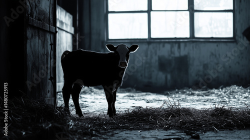 A young calf stands in a shadowy barn interior with straw scattered on the ground and sunlight filtering through a window.