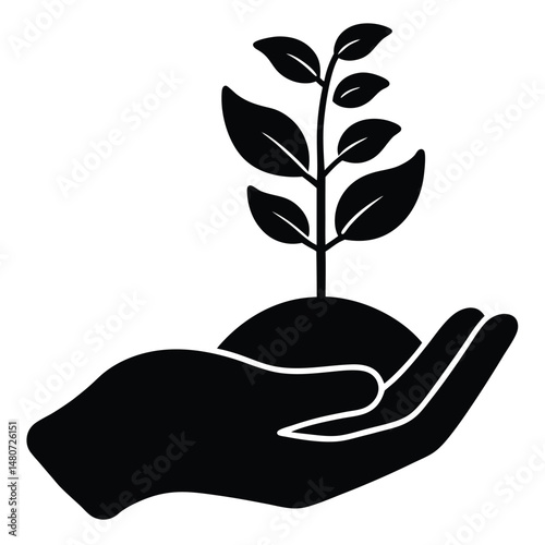 Silhouette hand holding earth with plant growing signifies protection and environmental care