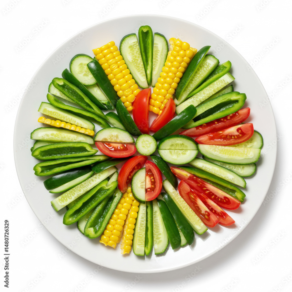 Abstract vegetable mosaic with precisely cut shapes creating a colorful pattern, white plate isolated on white Abstract vegetable mosaic with precisely cut shapes creating a colorful pattern, white plate isolated on white