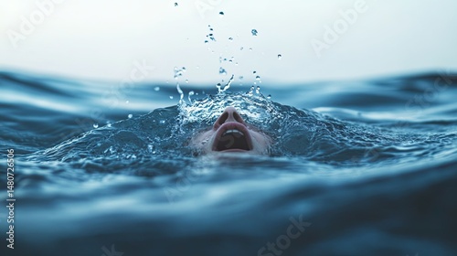 Intense splash scene with a face emerging from chaotic water, showing emotion and physical struggle