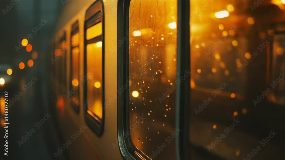 A rainy night view from a train window, city lights reflecting in the glass.