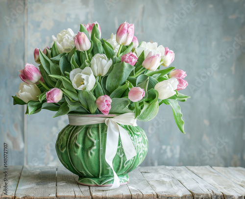 Arrangement delicate bouquet mixed purple tulips, cabbage vase decorated. Concept celebration, romance, love, Valentine's Day, wedding, copy space, banner, greeting card