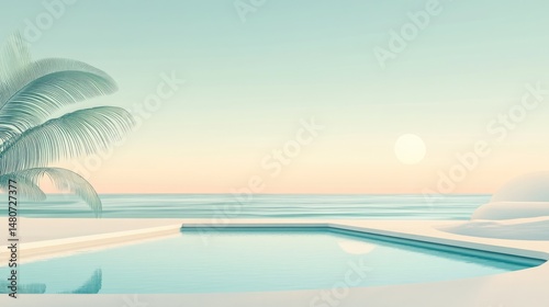 Serene Minimalist Beach Pool Landscape: Sunset Serenity