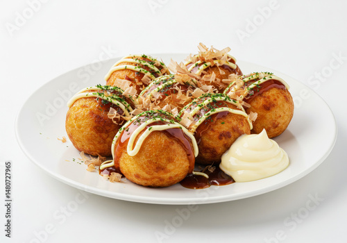 Golden takoyaki balls topped with bonito flakes, takoyaki sauce and Japanese mayo, white plate isolated on white