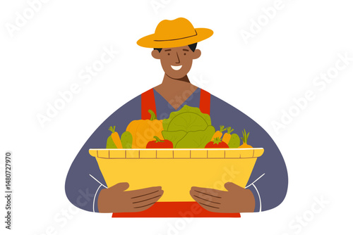 Happy Farmer Holding Crate of Fresh vegetables . autumn harvest. Vector illustration. fall market .