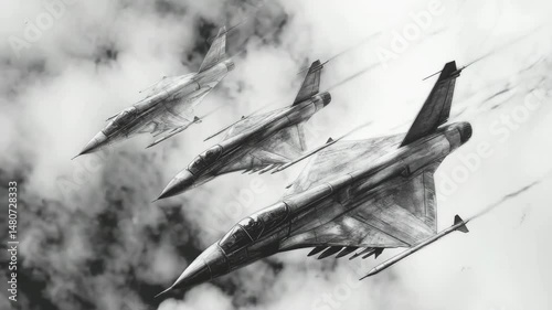 In black and white charcoal, a squadron of three or four fighter jets, designed as modern fighter jets of the future, in motion in the sky.