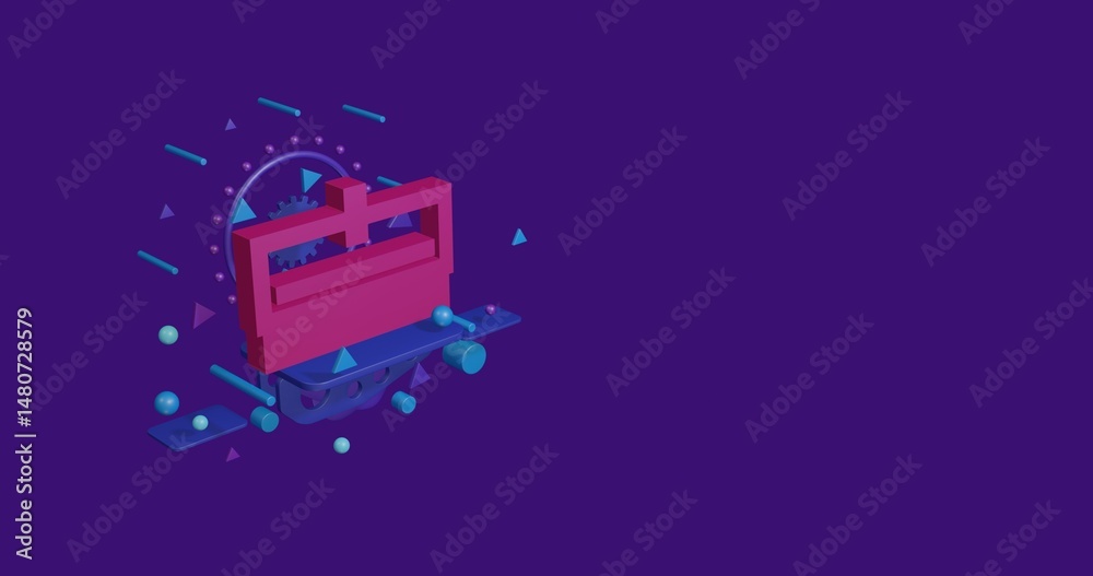 Obraz premium Pink cnc machine symbol on a pedestal of abstract geometric shapes floating in the air. Abstract concept art with flying shapes on the left. 3d illustration on deep purple background