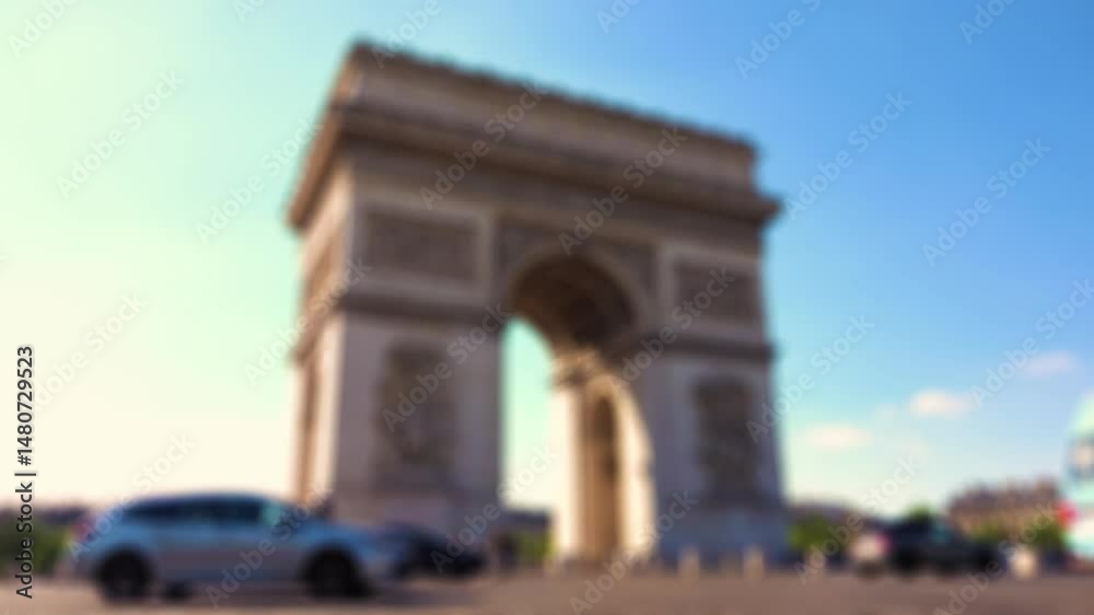 Vue floue en accéléré sur l'Arc de triomphe en journée, avec effet de lumière chaude