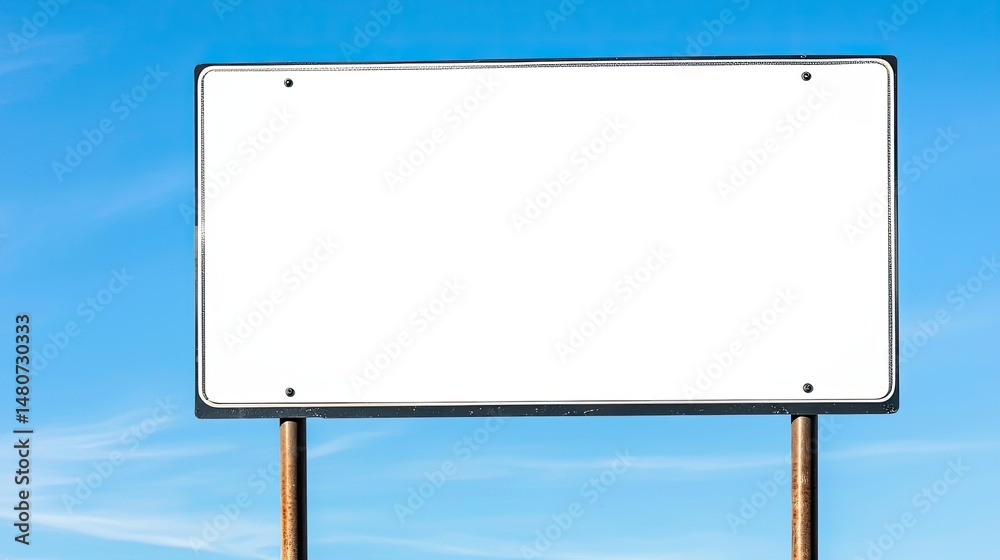 Obraz premium Empty Road Sign on Metal Post with Blue Sky Background, Isolated for Custom Design or Text Placement