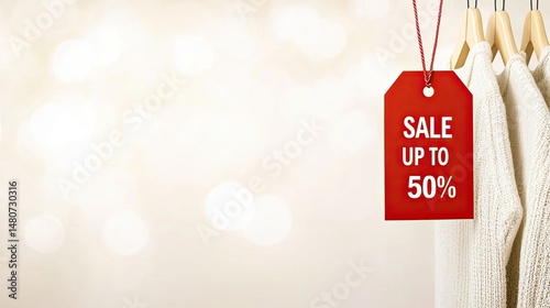 Red Sale Tag on Hanger Offering Up to 50 Percent Discount with Blurred Clothes in Background
