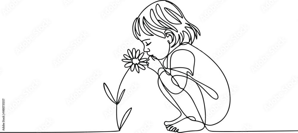 Continuous line art drawing of a child smelling a flower, black linear sketch of a small girl crouching down to sniff a fragrant bloom on white background

