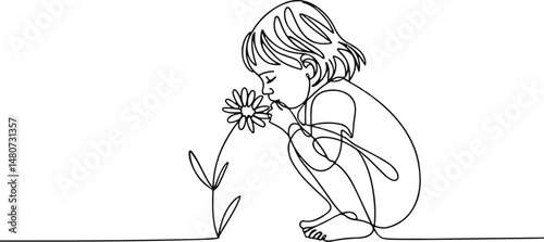 Continuous line art drawing of a child smelling a flower, black linear sketch of a small girl crouching down to sniff a fragrant bloom on white background

