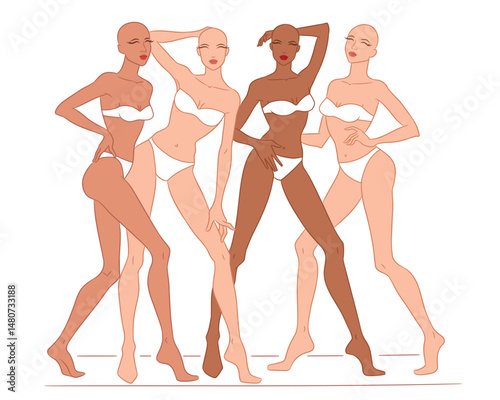 Vector sketch of four diverse female models in lingerie. Stylish poses, different skin tones and hair colors. Ideal for fashion, beauty, and design projects.