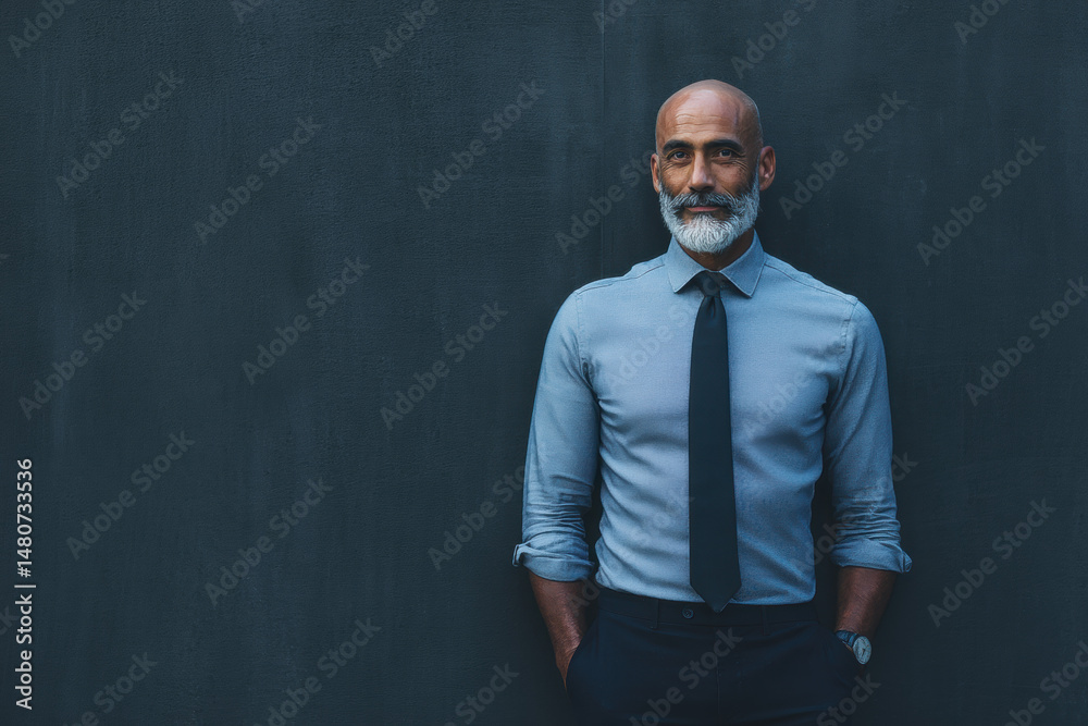 Confident Mature Businessman with Beard Standing Against Dark Blue Background Confident Mature Businessman with Beard Standing Against Dark Blue Background