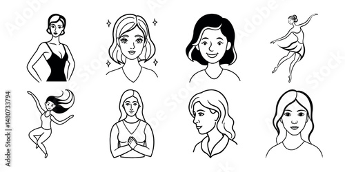 Stylized female set. Abstract Faces in Line Art Style and Different characters and poses.